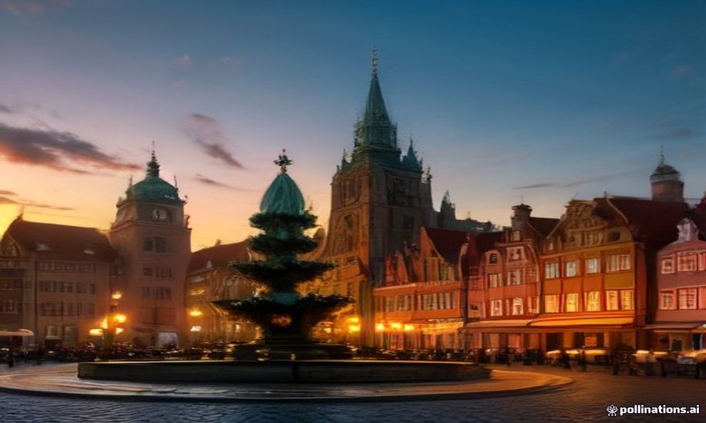 The colourful gabled facades and Neptune Fountain of Gdańsk's Long Market at golden hour.