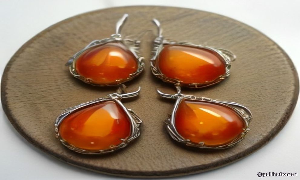 Baltic amber pendants in silver settings on a workshop display, honey and cognac colours.