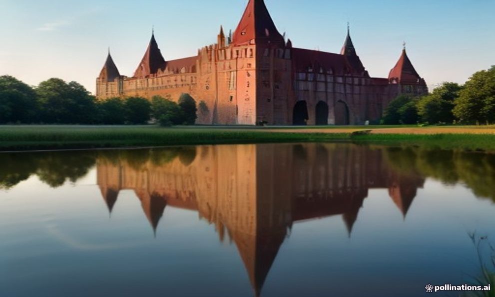 Malbork Castle reflected in the Nogat river at golden hour — the most popular day trip from Gdańsk.