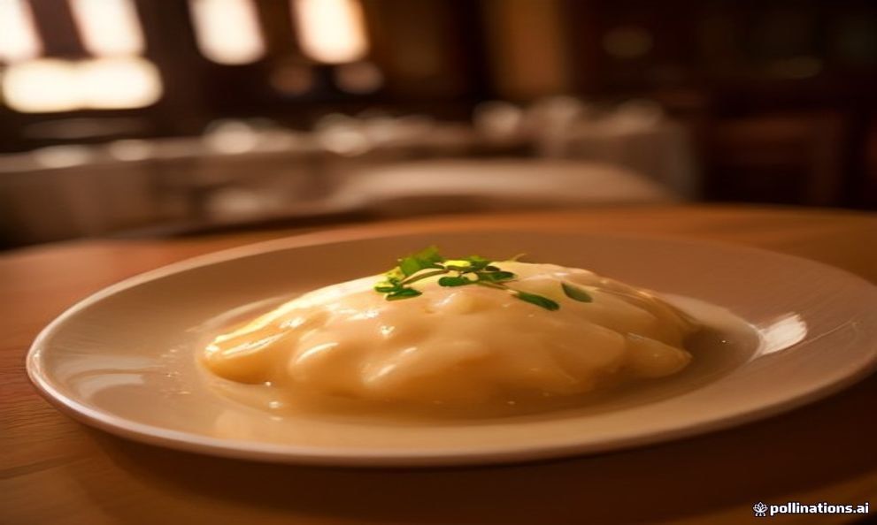 A rustic plate of Polish pierogi with sour cream, fried onion and chives on a wooden table.