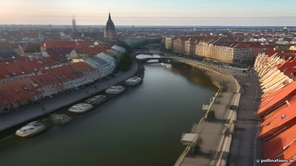 Panoramic view over the red roofs and gabled houses of Gdańsk Main Town and the Motława from a church tower