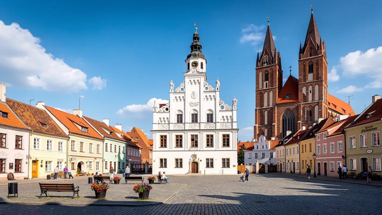 The Renaissance town hall of Chełmno rising over the market square, with brick-Gothic church towers behind (illustration)