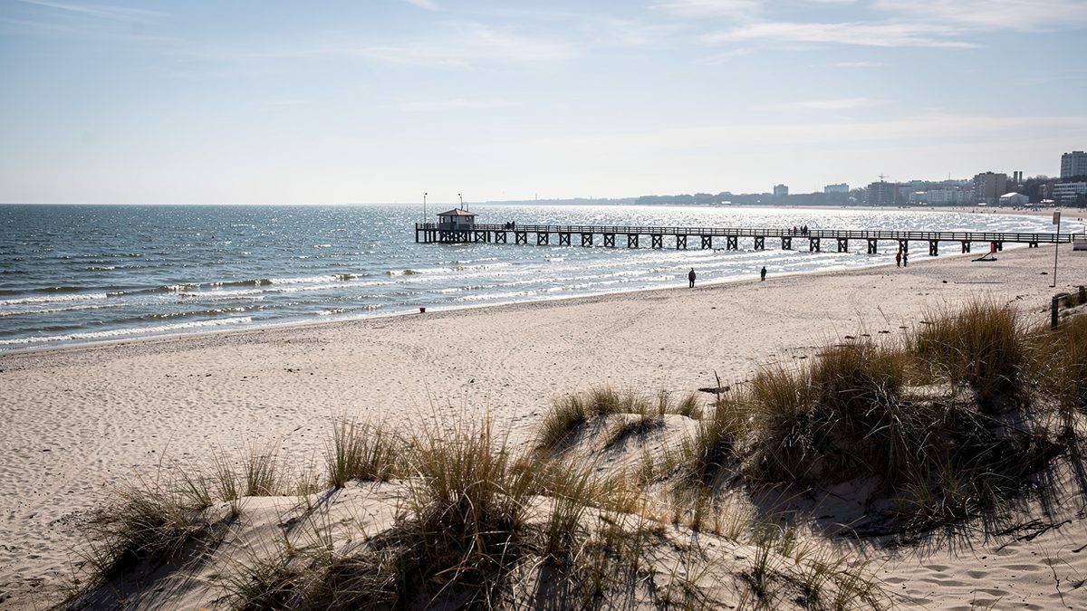 A wide sandy Baltic beach with dunes and a long wooden pier (illustration)