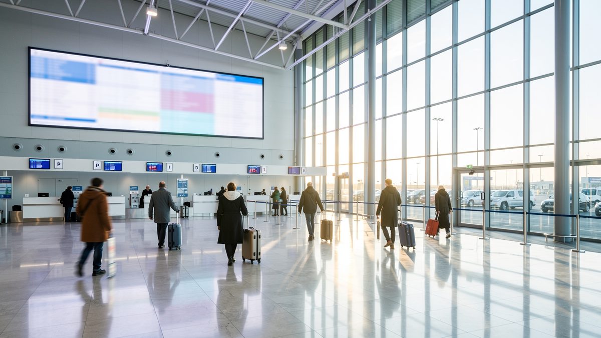 A bright modern airport departures hall with travellers pulling suitcases past check-in desks under a large departures screen (illustration)