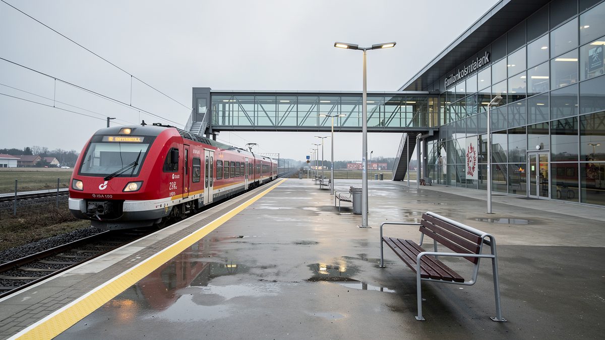 A regional train at the railway platform beside an airport terminal (illustration)