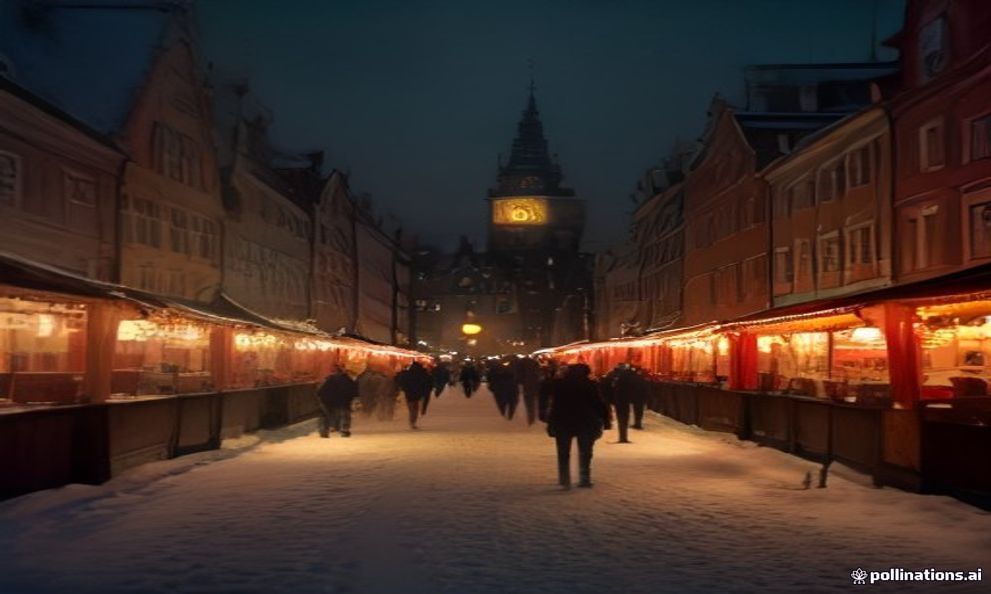Gdańsk Christmas Market at night, wooden stalls lit by warm amber lights, gothic town hall in the background.