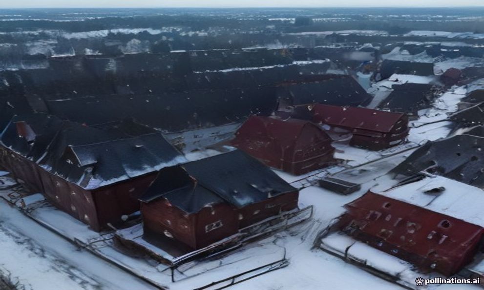 Aerial view of Targ Węglowy filled with wooden Christmas stalls, snowy rooftops around.