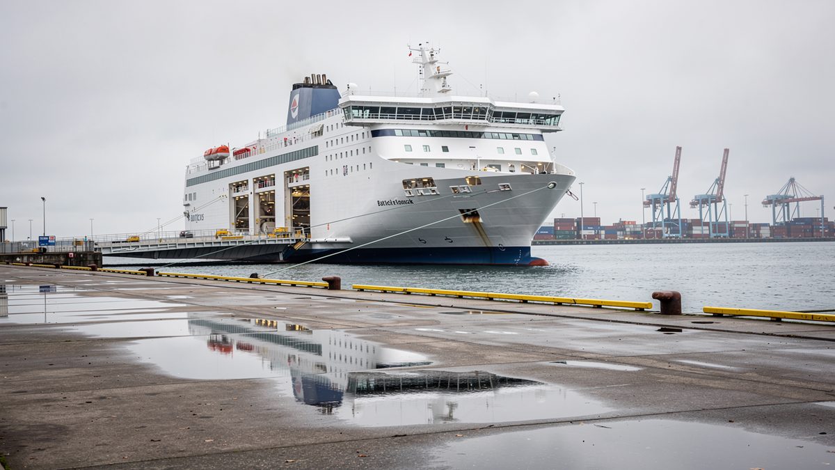 A Baltic passenger ferry moored at a port ferry terminal on a grey day (illustration)