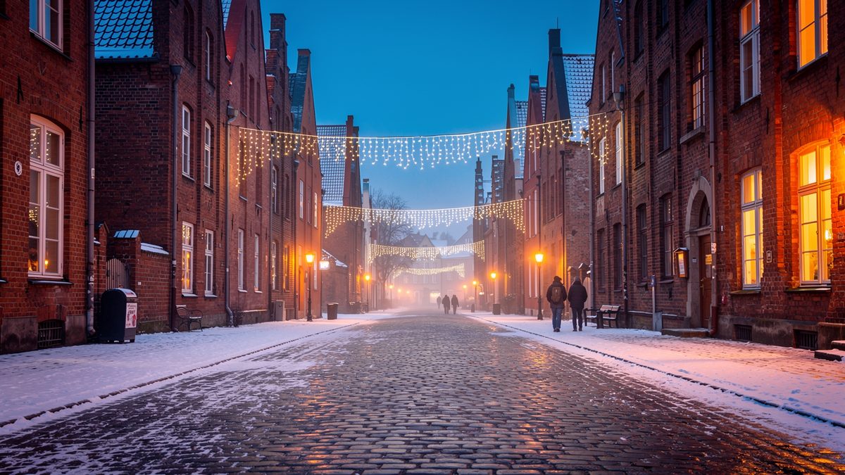 A snowy Hanseatic old town street with Christmas lights on a December evening (illustration)