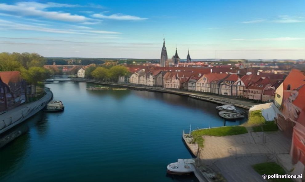 The Motława waterfront in Gdańsk on a bright spring morning, the medieval Crane and colourful gabled houses reflected in calm water with fresh green trees.