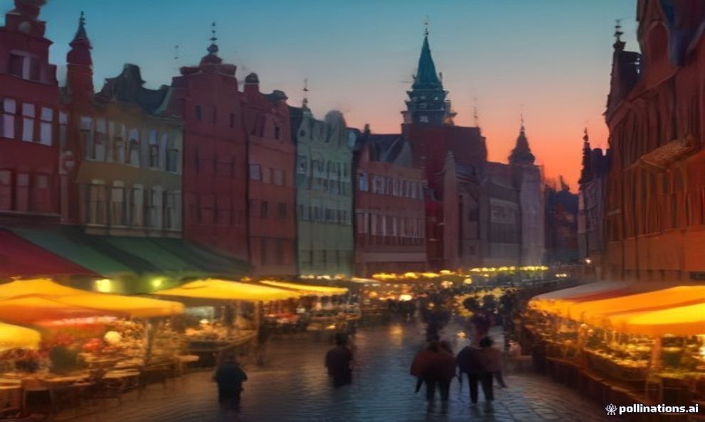 The Long Market in Gdańsk on a warm summer evening, busy with outdoor cafés and golden light on the gabled houses.
