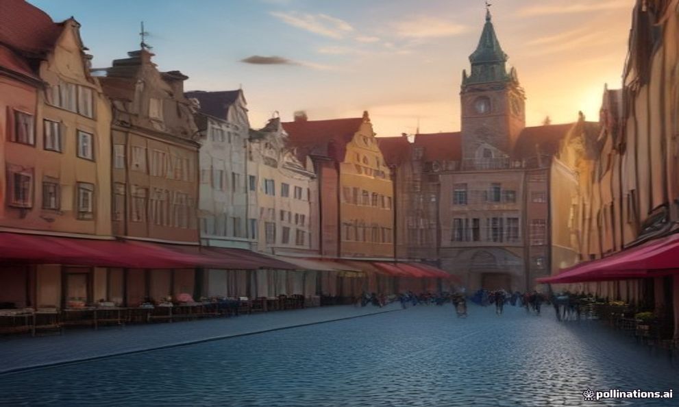 The Long Market in Gdańsk's Main Town with colourful gabled townhouses and Neptune's Fountain at golden hour.