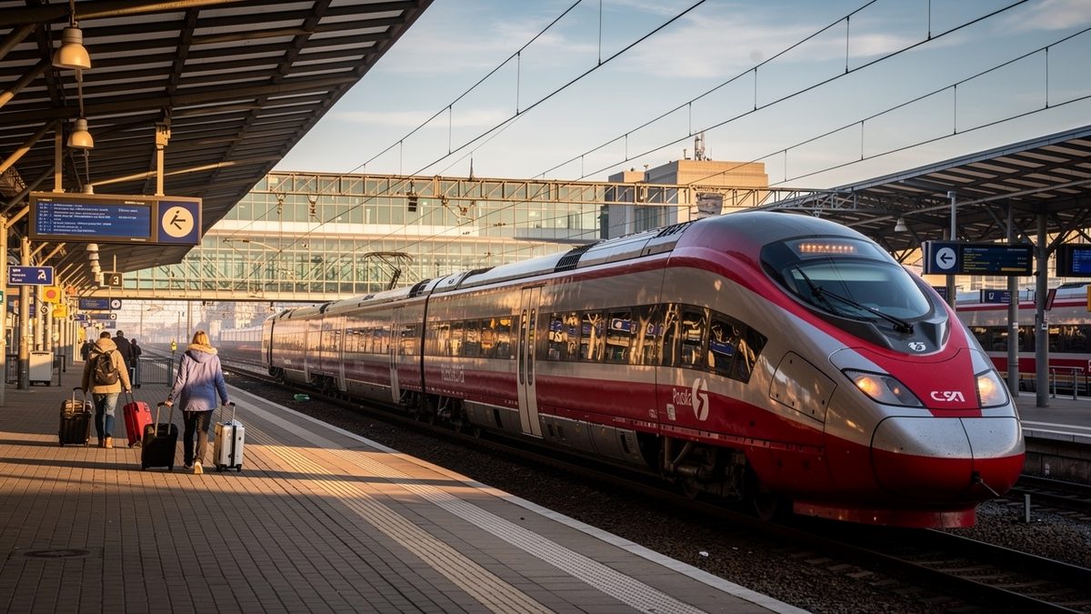 A red and silver high-speed train standing at a covered station platform in low morning sun, with travellers pulling suitcases along the platform (illustration)