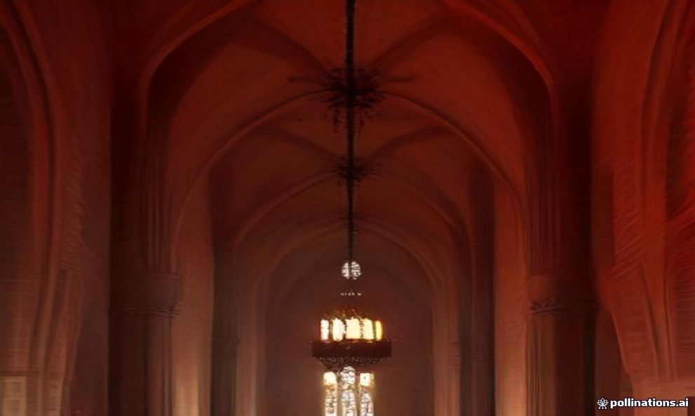 Vaulted gothic refectory inside Malbork Castle, red brick columns supporting the star-vaulted ceiling.