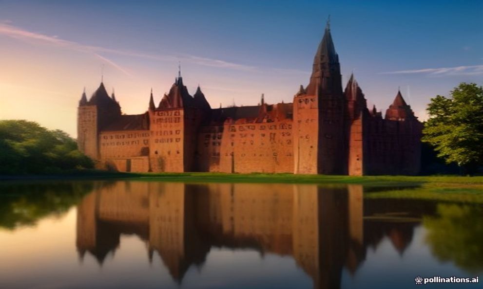 Malbork Castle reflected in the Nogat river at sunset, the largest brick fortress in Europe.