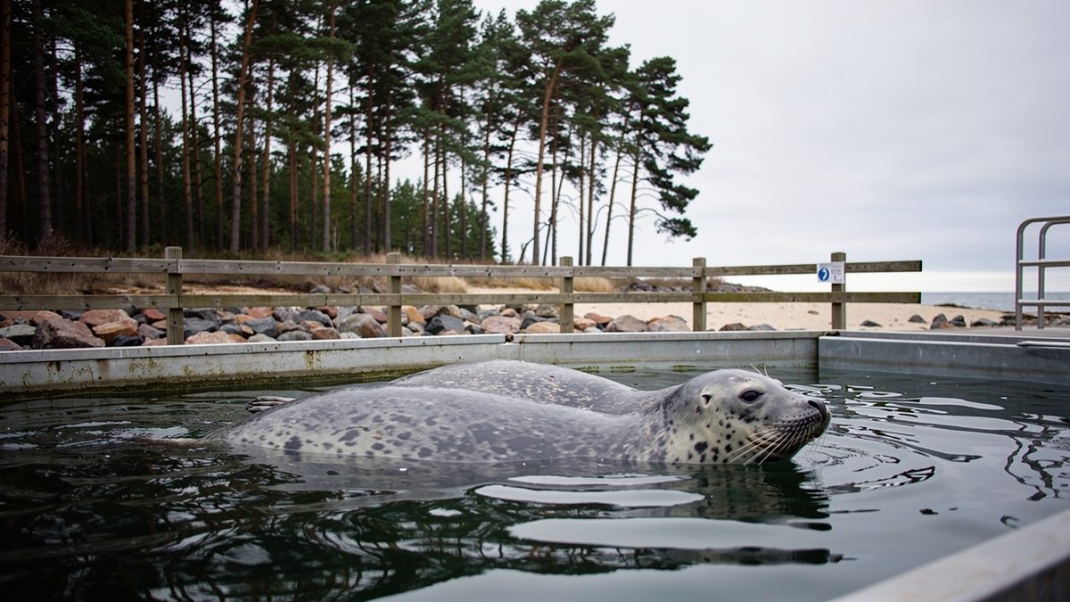 Grey seals swimming in an outdoor seawater pool at a Baltic marine station (illustration)