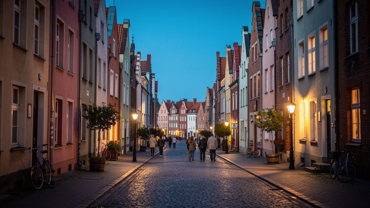 A calm old town street lit by street lamps in the evening (illustration)