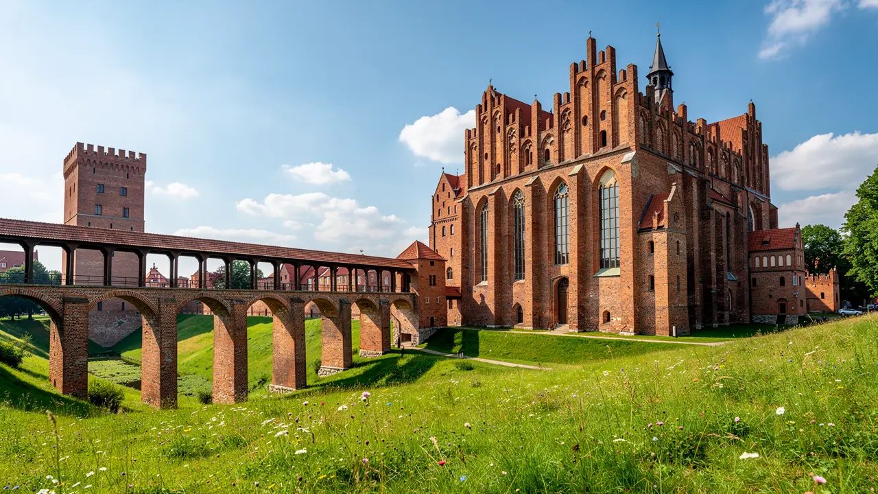Kwidzyn cathedral-castle in red brick with its long gdanisko tower reaching out across the valley on tall arches (illustration)