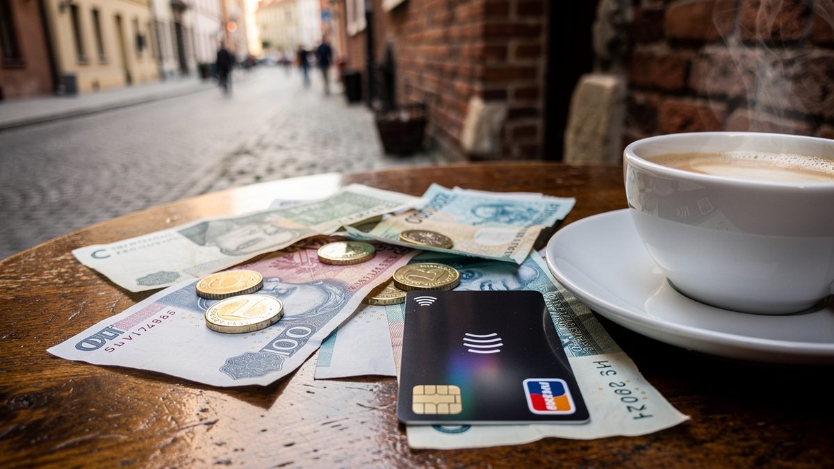 Polish złoty banknotes, coins and a contactless card next to a coffee on a café table (illustration)