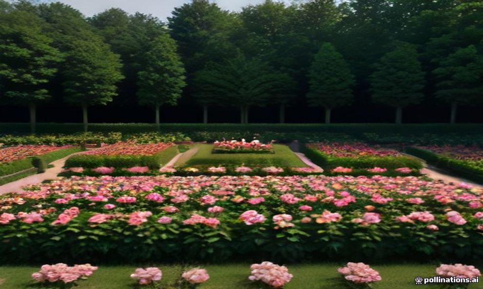 The sunken rose garden in Oliwa Park, Gdańsk, with hundreds of red, pink and white roses in terraced formal beds in full summer bloom.