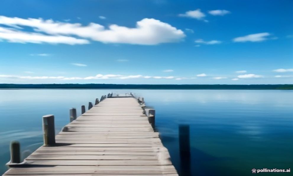 The harbour and wooden pier at Puck on the calm, shallow Bay of Puck, with small fishing boats and windsurfers in the distance.