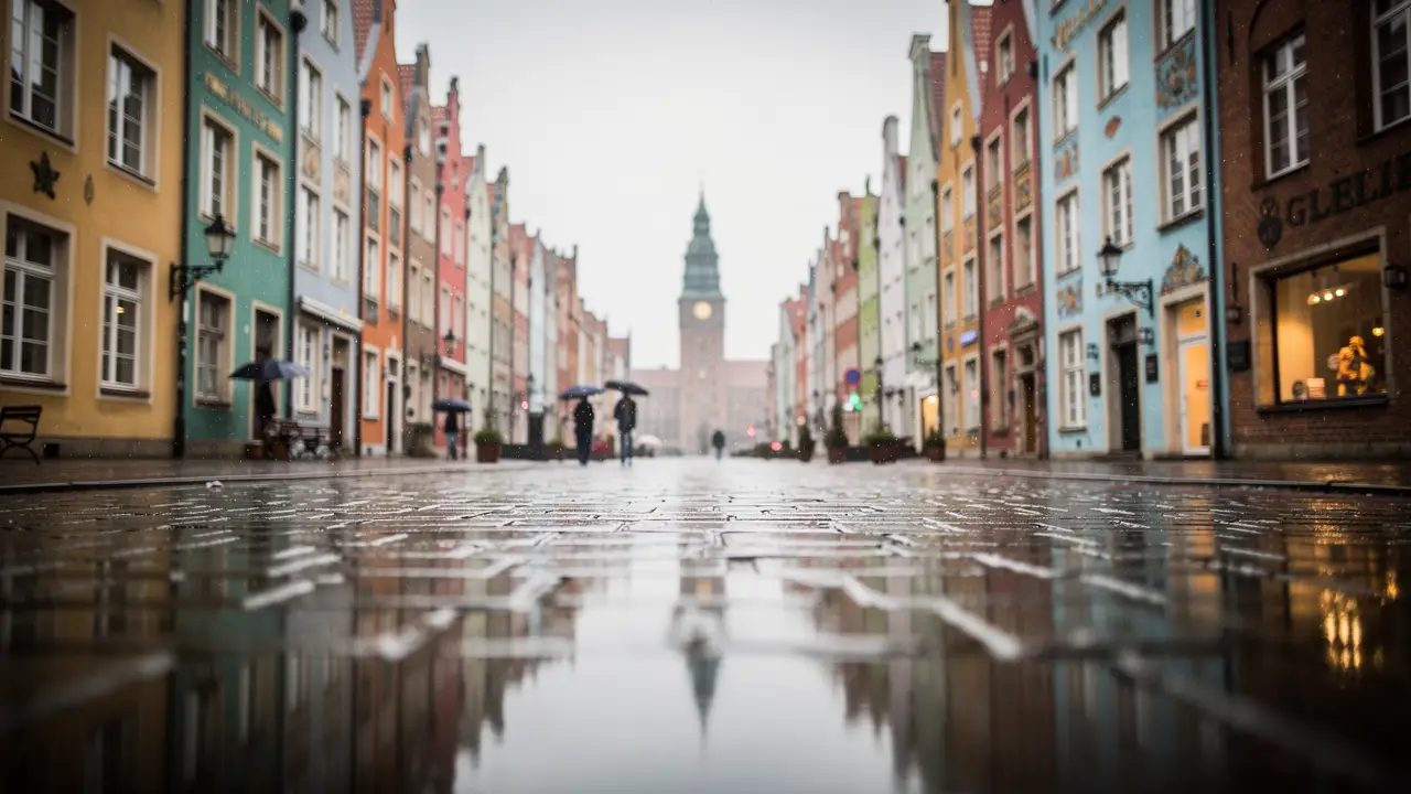 Rain glossing the cobblestones of the Long Market in Gdańsk, with reflections of the colourful historic facades under a grey sky (illustration)