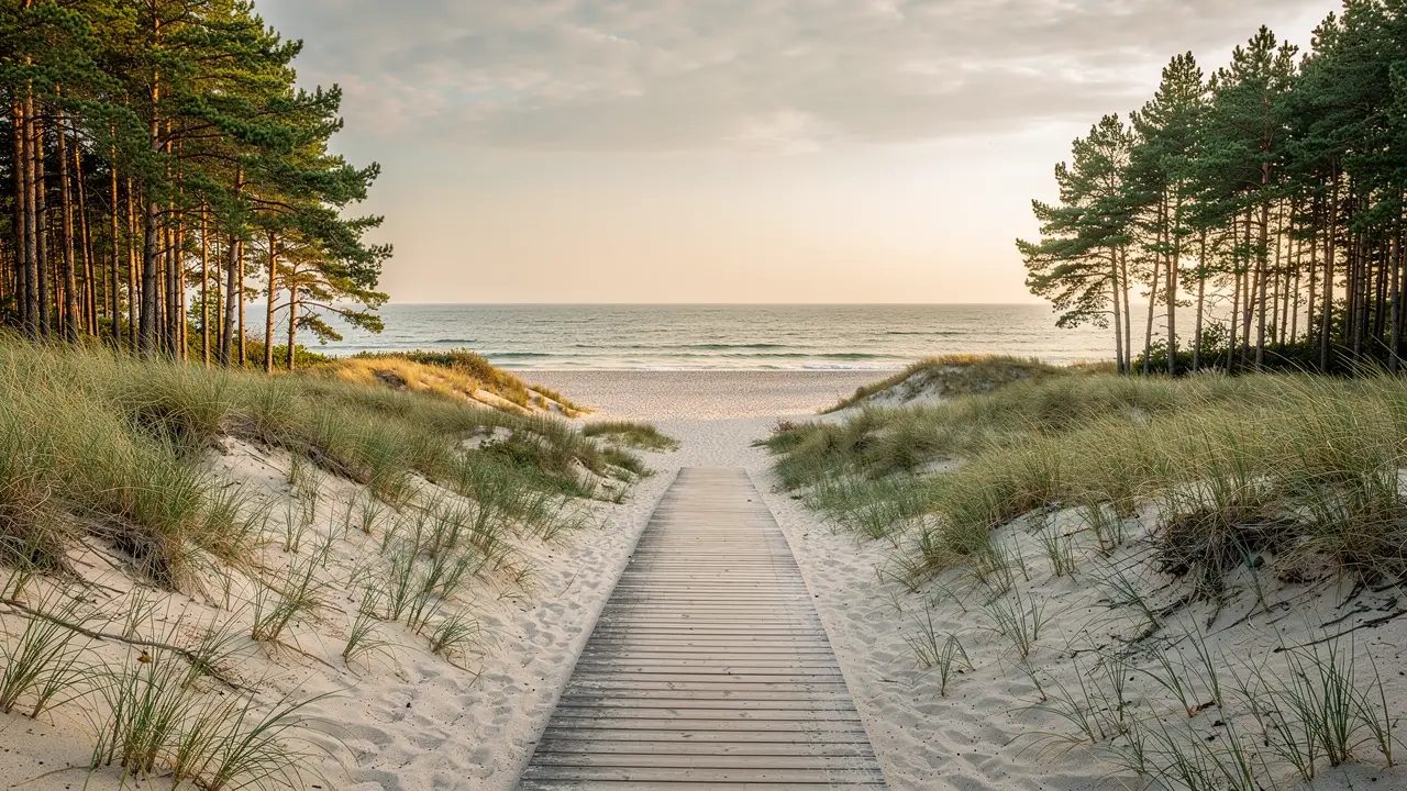 A wide, empty golden Baltic beach on Sobieszewo Island backed by tall grassy dunes and pine forest under a soft sky (illustration)