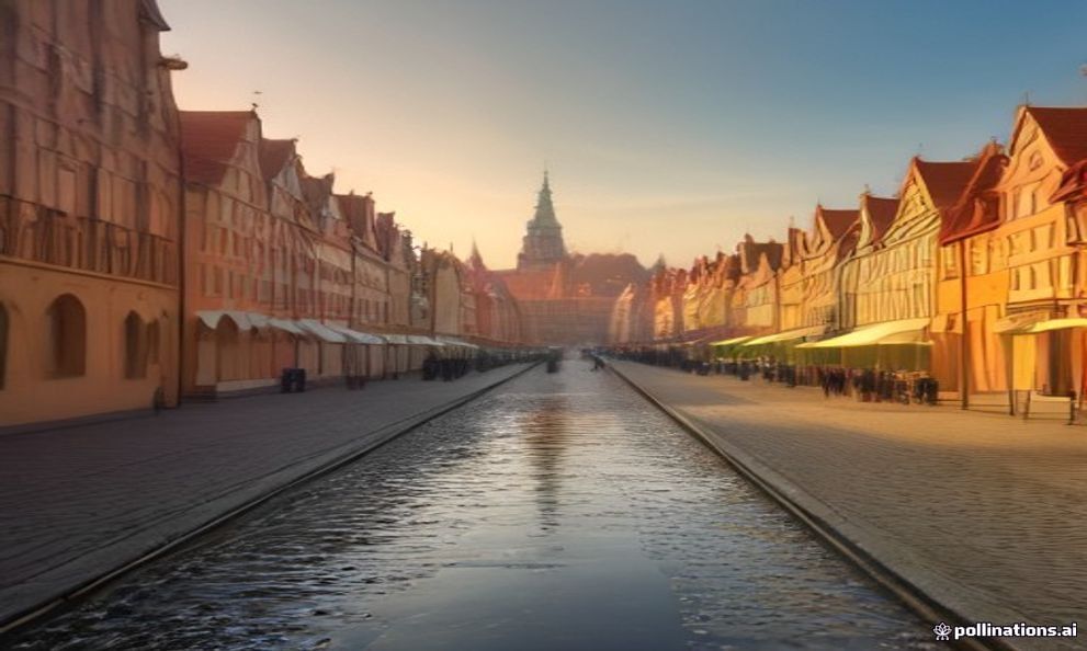 Gdansk Long Market autumn morning amber light colorful gabled Hanseatic houses wet cobblestones misty cool