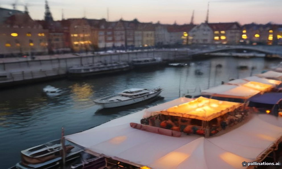 The Motława waterfront promenade in Gdańsk during the fair, with food stalls and crowds below the medieval Crane in warm evening light.