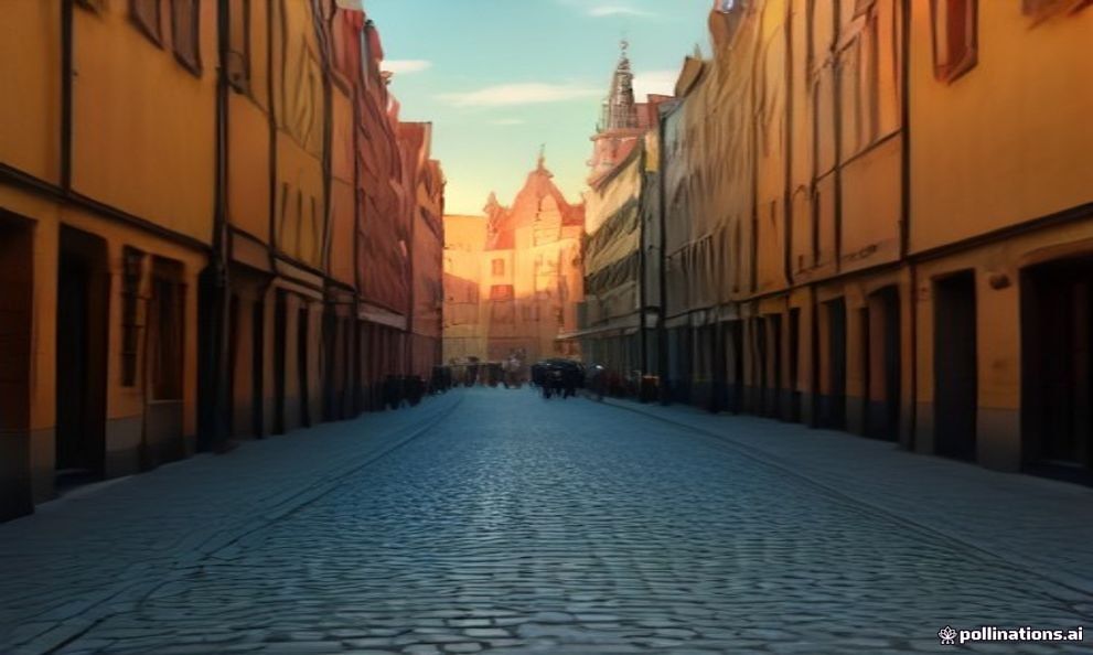 Mariacka Street in Gdańsk with amber-jewellery terraces and gargoyle drain spouts at golden hour.