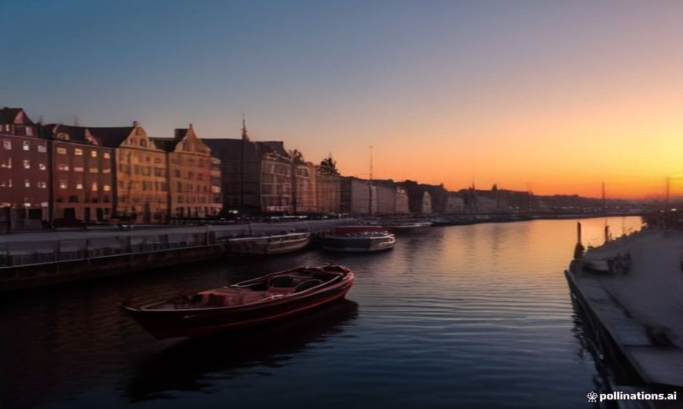 The medieval Crane on the Motława river in Gdańsk at sunset with a boat passing.