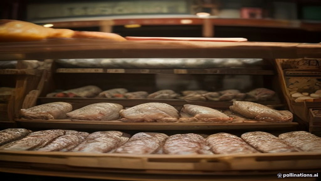 Smoked Baltic fish and cured herring on a fishmonger counter at a market in Gdańsk