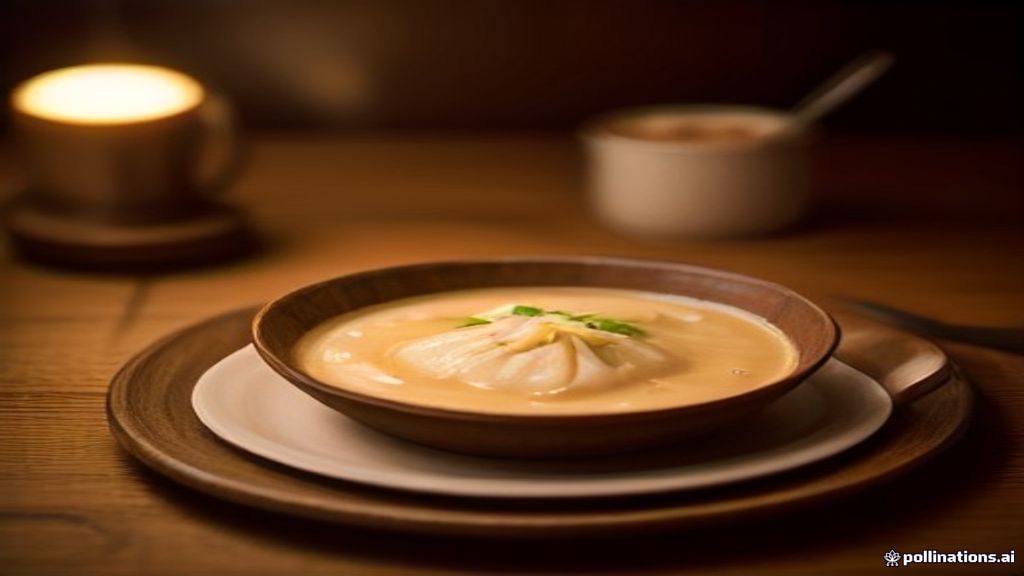 Plate of Polish pierogi with fried onion and a bowl of żurek soup on a wooden table in Gdańsk