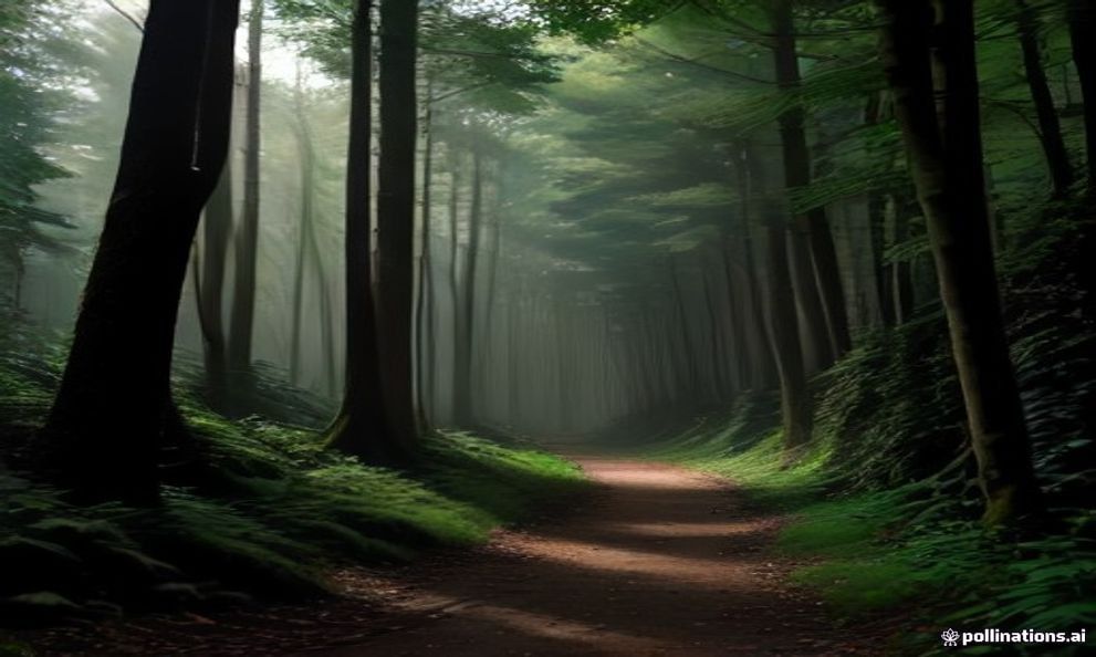A gravel forest path leading past ruined bunkers and an information board beneath tall trees at the Wolf's Lair.