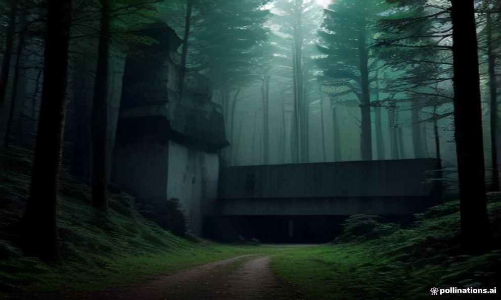 A massive ruined concrete bunker with cracked, metres-thick walls standing among tall forest trees at the Wolf's Lair in Masuria.
